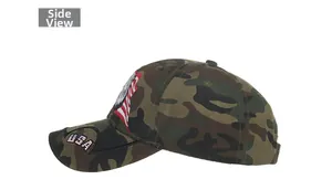 Side view of camouflage baseball cap with USA embroidery and American flag eagle