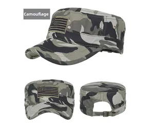 Flat top military cap in grey camo with American flag patch and metal buckle