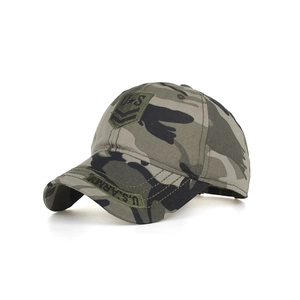 Detailed close-up of jungle camo baseball cap featuring U.S. ARMY embroidery and star patch