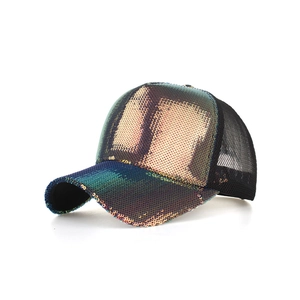 Detailed macro view of iridescent sequins and breathable mesh on this stylish trucker hat