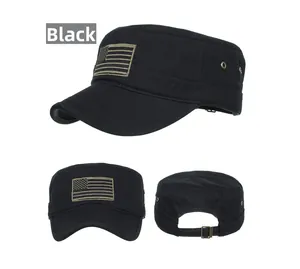 Detailed views of a black flat top army cap with American flag embroidery and metal buckle