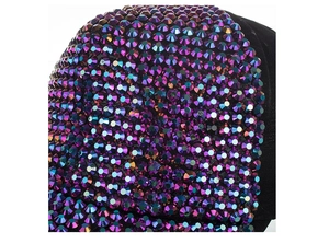 Macro shot of high-density colorful rhinestones on a black baseball cap surface