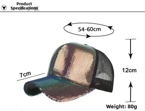 Detailed view of sequin baseball cap with mesh back and specific size measurements