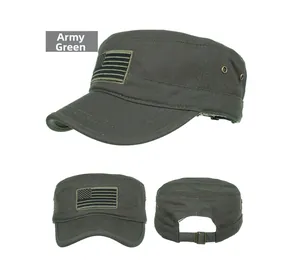 Three-view layout of army green cadet hat showing embroidery and metal vents