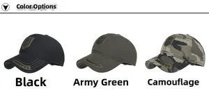 Detailed view showing three U.S. ARMY tactical baseball caps in black, army green, and camo