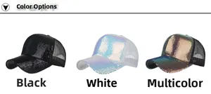 Detailed close-up showing black, white, and multicolor sequin baseball caps with mesh back