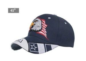 Detailaufnahme der 45-Grad-Seitenansicht der blauen Kappe mit Adler- und USA-Stickerei