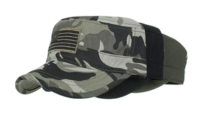 Detailed view of cotton cadet caps in camo, black, and olive green with US flag patch