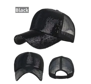 Detail view of black sequined baseball cap featuring breathable mesh back and adjustable strap