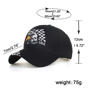 Black baseball cap with USA eagle embroidery and checkerboard pattern brim detail