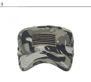 Front view of grey camouflage military flat top cap with American flag embroidery