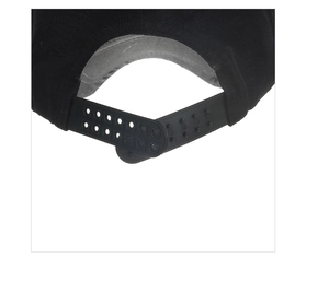 Close-up of adjustable snapback closure on a black baseball cap for custom sizing