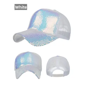 Detail showing iridescent sequins and breathable mesh on white baseball cap