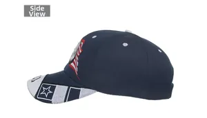 Seitenansicht der blauen Baseballkappe mit Adler-Stickerei und USA-Flaggen-Sternenmuster