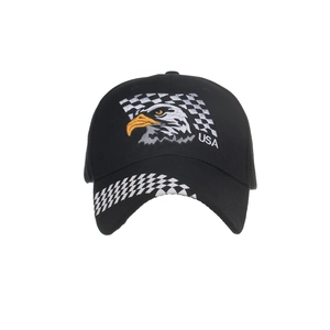 Black cotton baseball cap with embroidered eagle head and USA flag checkerboard pattern