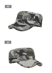 Detail view of camouflage flat top cadet hat with American flag patch and metal eyelets