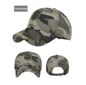 Detailed views of camouflage baseball cap with U.S. Army embroidery and metal buckle