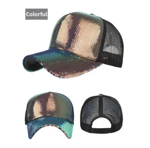Detailed views of multicolor sequin mesh baseball cap with adjustable strap and sun visor