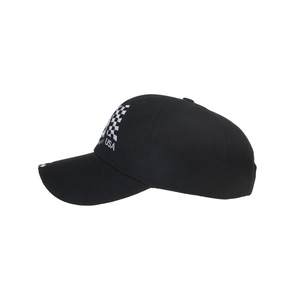 Black baseball cap with white USA embroidery and checkered flag pattern on a white background