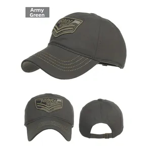 Layout a tre viste del cappellino da baseball in tela verde militare con toppa ARMY e fibbia in metallo