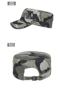 Detail view of camouflage cadet cap showing side ventilation and adjustable metal back strap