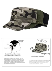 Flat top cadet army caps with US Air Force embroidery and size measurement guide