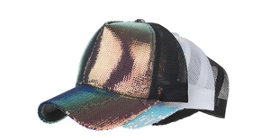 Three sequin mesh trucker hats in different colors displayed on a clean white background