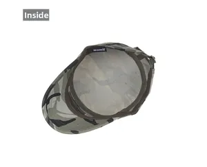 Detail view of the camouflage army cap interior showing sweatband and metal buckle