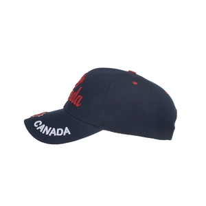 Navy blue baseball cap with white CANADA embroidery and red maple leaf detail