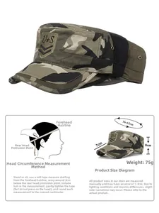 Detailed size guide for camouflage military cap with adjustable buckle and cotton fabric
