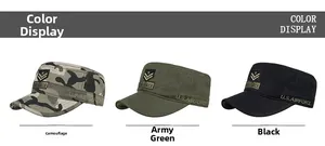 Detailed view of flat top military caps in camouflage, army green, and black cotton