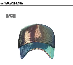 Close-up front view of a shiny sequined baseball cap with colorful metallic mesh design