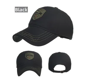 Three-angle view of black tactical baseball cap with eagle shield and red star embroidery