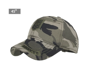 Detail view of U.S. ARMY embroidery and military style camo texture on the baseball cap