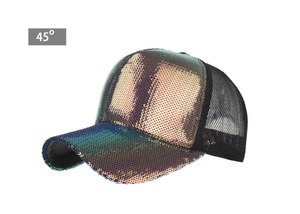 Detailed 45-degree side view of sequin baseball cap with breathable mesh back and visor