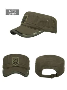 Army green flat top military cap with US embroidery and camo brim detail