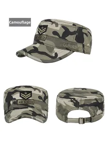 Three-view layout of camouflage military flat top hat with Air Force embroidery detail