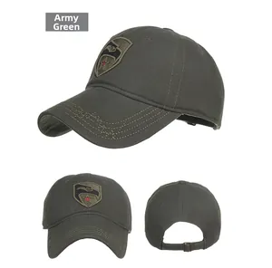 Detail view of military camouflage baseball cap with eagle and red star shield embroidery