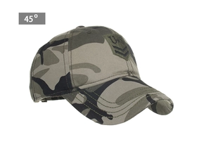 Detail of a camouflage baseball cap featuring military embroidery and 45-degree side view