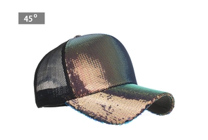 Detail view of mesh baseball cap showing iridescent sequins and breathable back mesh