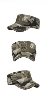 Detail view of camouflage military cap with letter embroidery and metal air eyelets