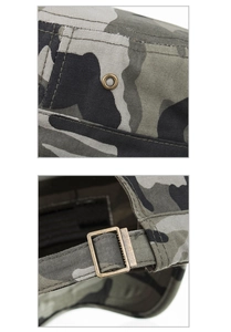 Detailed macro view showing the bronze air vents and adjustable metal buckle of the camo hat