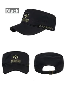 Detailed views of a black cotton flat top army cap with gold Air Force embroidery