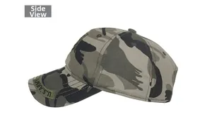 Side view detail showing camo baseball cap with U.S. ARMY embroidery and cotton canvas texture