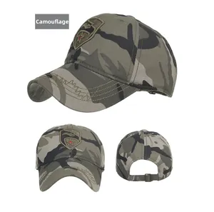 Detail view of camouflage baseball cap with embroidered star badge and metal back buckle