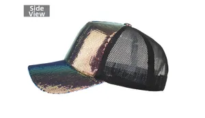 Side view of gradient sequins baseball cap with breathable black mesh fabric and bill