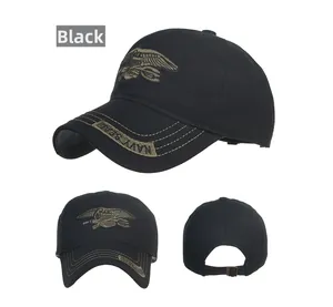 Detail view of black cotton baseball cap featuring gold eagle anchor and Navy Seal embroidery