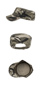 Detail view of cotton camo military cap showing adjustable strap and metal eyelets