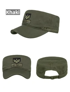 Detailed views of army green cadet cap with AIR FORCE embroidery and metal buckle