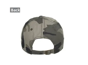Detail view of camouflage baseball cap featuring an adjustable bronze metal buckle